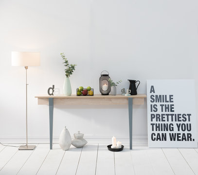 home style with desk and white wall background