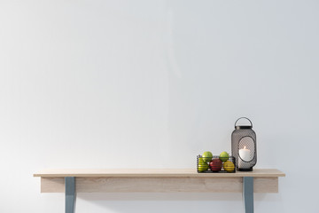modern wooden desk and white wall with home ornaments