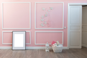 baby room concept butterfly style pink wall and frame