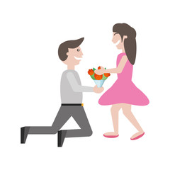 couple romance- man kneel give flowers girl vector illustration