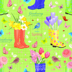 seamless texture with bouquets of lovely flowers in rubber boots