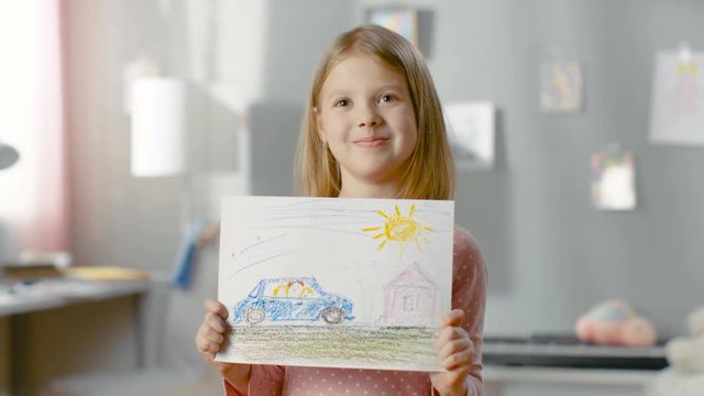 Cute Little Girl in Her Room Shows Drawing of Her Family in a Car.  Shot on RED EPIC-W 8K Helium Cinema Camera.