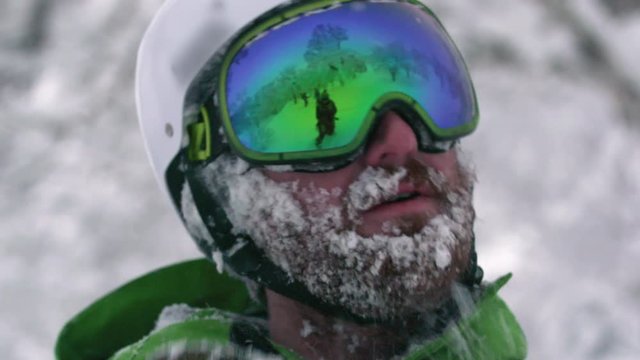 Snowboarder Skier Mountainman Wearing Helmet Large Beard Full of Snow Shaking Off Frozen Face
