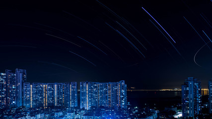 中国・深センのマンション夜景と星の軌跡