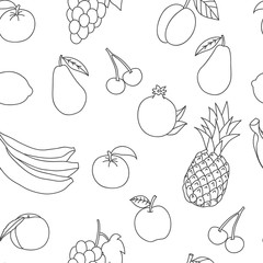 Seamless pattern from a set of fruit. The sketch drawn with a brush on a white background.