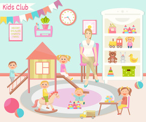 Kids club. Kindergarten vector illustration. Children's activity in the play room. Playing, education.
