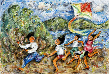 Group Of Children Flying Kite