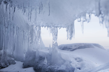 icicles in grotto, Lake Baikal. Winter landscape