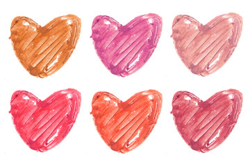 Collection of lipstick smear in heart shape
