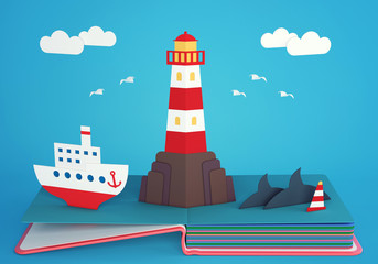 Pop up book with lighthouse on rocky island and steamship. 3D rendering