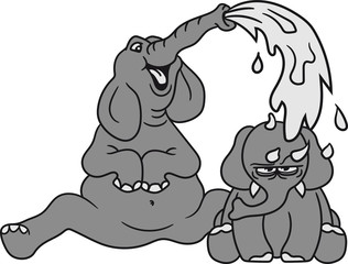genervt kopf nass machen ärgern kind klein papa mama wasser spritzen fontäne elefant sitzend lustig comic cartoon spaß lachen