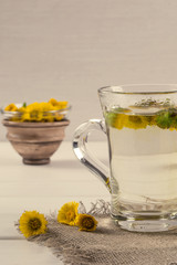 Cup of herbal tea with coltsfoot (or Tussilago) flowers 