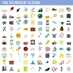100 science icons set, flat style