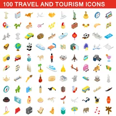 Stickers muraux Licornes Ensemble de 100 icônes de voyage et de tourisme, style isométrique