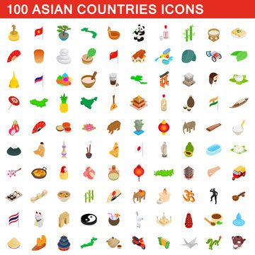 100 Asian countries icons set, isometric 3d style