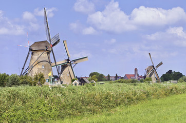 Ancient wind mills in a fresh green field on a summer day at the famous Kinderdijk, Holland.