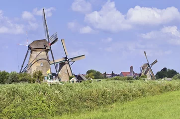 Ancient wind mills in a fresh green field on a summer day at the famous Kinderdijk, Holland.