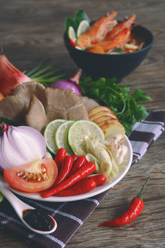tom yum ingredients prepare for cooking on the table.