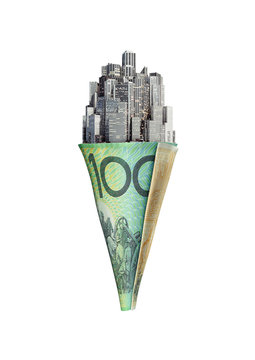 Money Cone Australian Dollars / 3D Illustration Of City Ice Cream Cone With Australian Hundred Dollar Bill