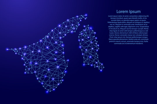 Map of Brunei from polygonal blue lines and glowing stars vector illustration