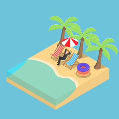 Isometric Businessman relaxing on the beach
