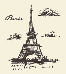 Eiffel Tower, Paris France vintage hand drawn