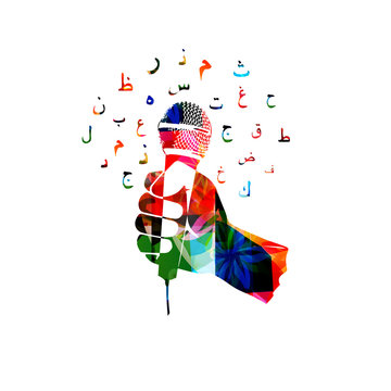 Colorful hand holding microphone with arabic islamic calligraphy symbols isolated vector illustration. Music background for poster, brochure, banner, flyer, concert, music festival, events
