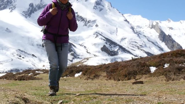 hiker in the Pyrenees in spring with snow, col du Soulor