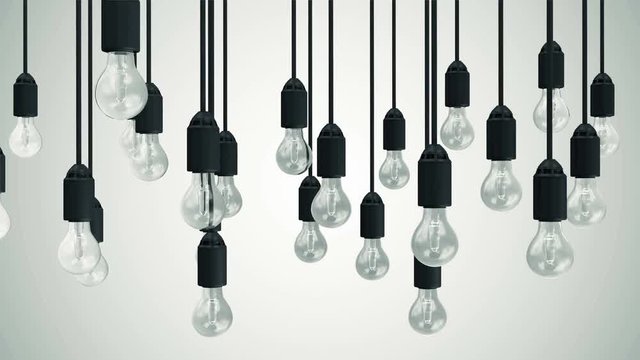 4K Loop Animation of Hanging Light Bulbs. Three Types of Focus, for each interval of 10 seconds
