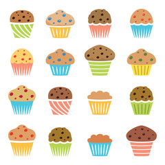 vector flat icons of chocolate and fruit muffins, homemade cakes