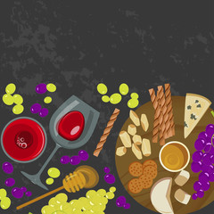 Grapes, honey, cheese with glass of wine on the grey background. Top view Vector illustration eps 10