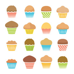 vector flat icons of chocolate and fruit muffins, homemade cakes