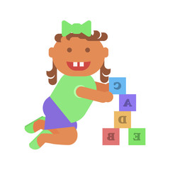 Playground infographic element vector flat illustration, little girl plays with bricks . Funny cartoon character isolated on white background