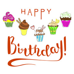 Happy Birthday Greeting Card with cupcakes. Vector Illustration eps 10
