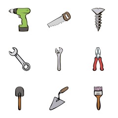 Building tools icons set, cartoon style