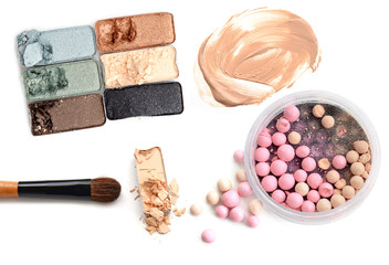 Make up product cosmetic isolated on a white background. Top view.