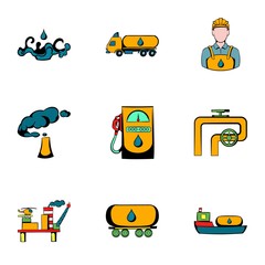 Oil industry icons set, cartoon style