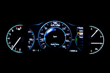 Modern light car mileage on black background Sport 25 mph