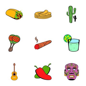 Mexican icons set, cartoon style