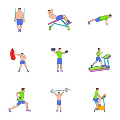 Physical exercises icons set, cartoon style