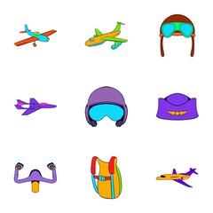 Aviation icons set, cartoon style