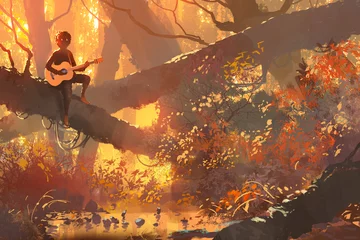  young man with guitar sitting on the tree in autumn forest, illustration painting © grandfailure
