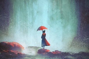 Fototapeta premium woman with an umbrella standing against waterfall, illustration painting
