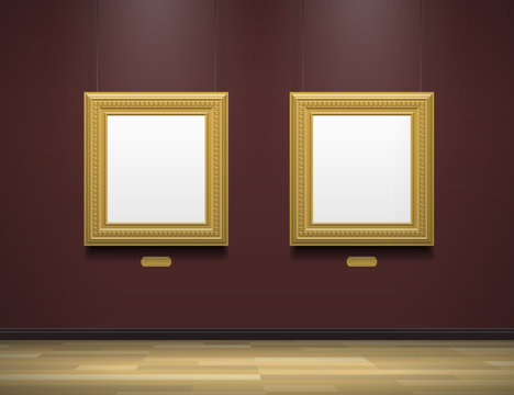 two golden blank picture frames in art gallery museum