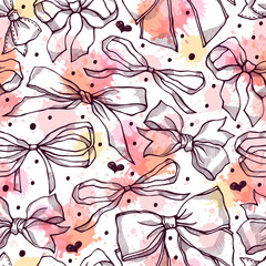 Seamless pattern with vintage bows.  Freehand drawing
