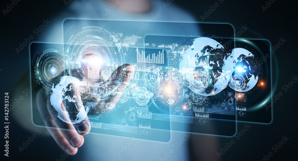Aufkleber Hologram screen with digital datas used by businessman 3D rendering