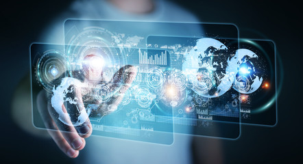 Fototapeta premium Hologram screen with digital datas used by businessman 3D rendering