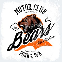 Obraz premium Vintage American furious bear bikers club tee print vector design. Forks, Washington street wear t-shirt emblem. Premium quality wild animal superior logo concept illustration.