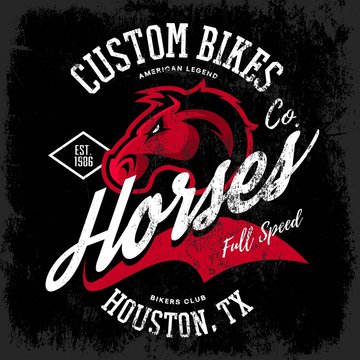 Vintage American furious horse bikers club tee print vector design. 
Houston, Texas street wear t-shirt emblem. Premium quality wild animal superior logo concept illustration.