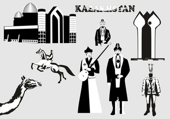 Monochrome vector illustration Set of traveling advertisement symbolls. Landmarks of the Kazakstan  places of interest. Vector illustration